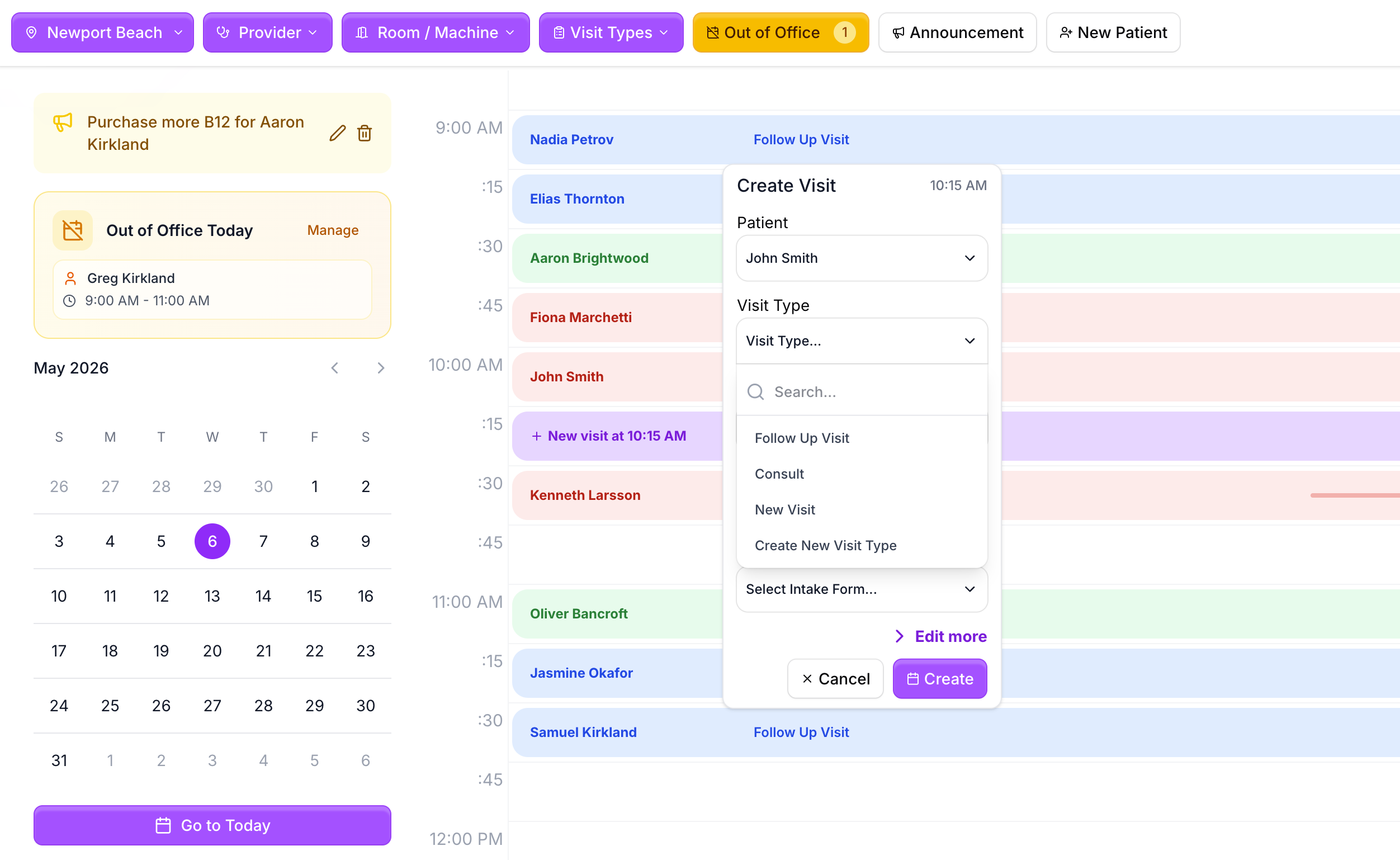 Zavo Health calendar interface showing appointment scheduling, provider management, and visit creation