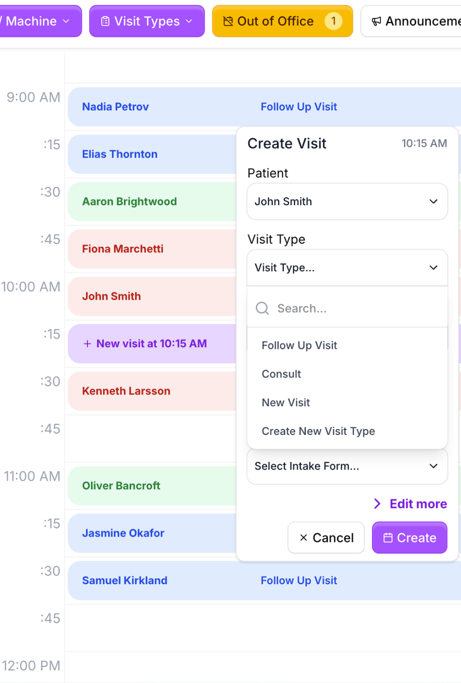 Zavo Health calendar mobile interface showing daily schedule and visit creation