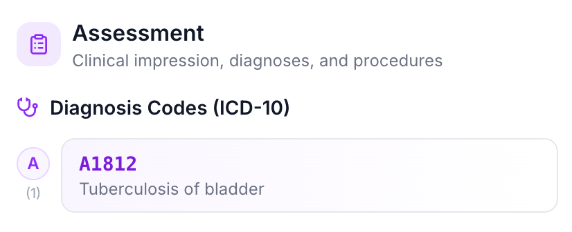 Assessment section with ICD-10 diagnosis codes