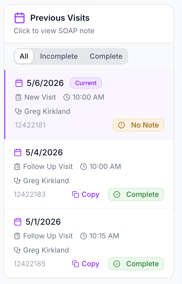 Previous visits panel showing visit history with copy and complete actions