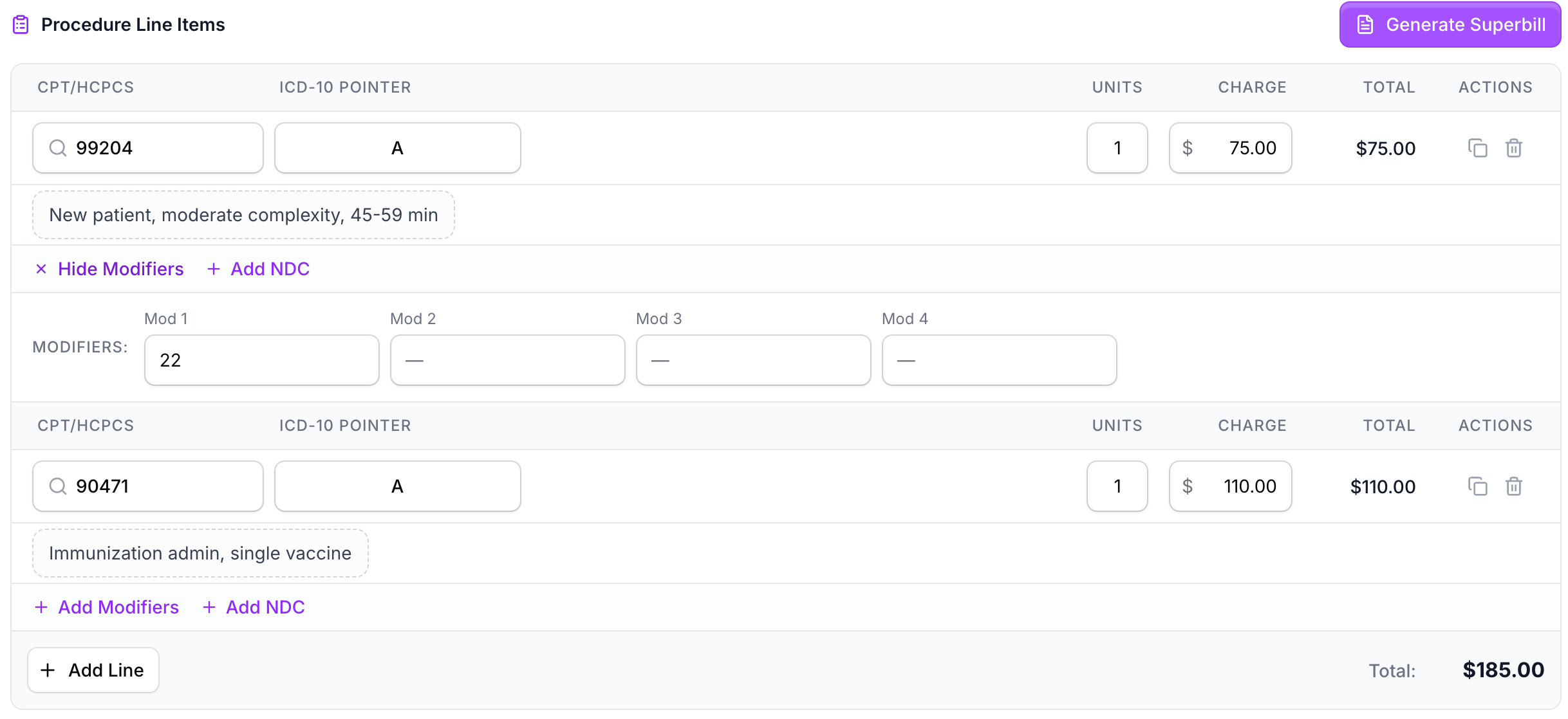 Procedure line items with CPT codes, modifiers, charges and generate superbill button